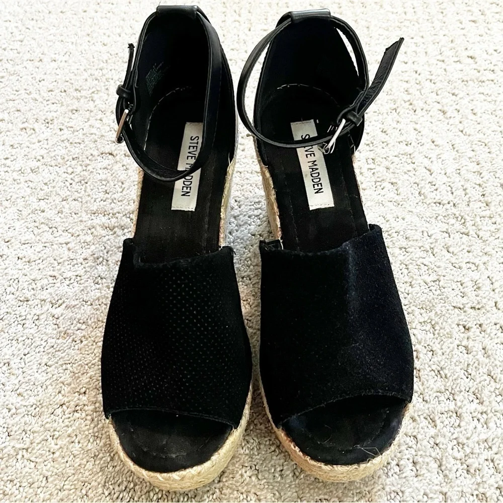 Steve Madden Josey Black Wedges Women Size 9.5 Espadrille Sandals Ankle Strap